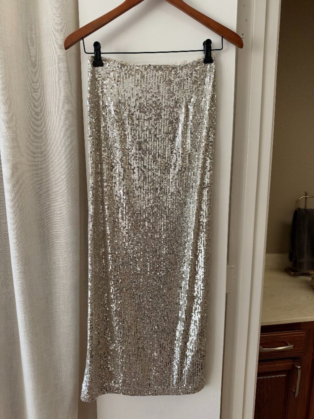 Silver Sequin Maxi Skirt with Slit- Size 6